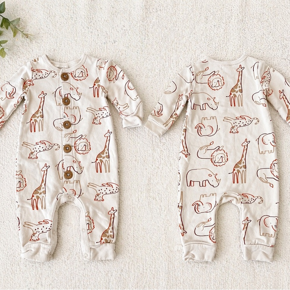 Rabbit + Bear Safari Animal Romper 3-6M | Neutral Baby One Piece